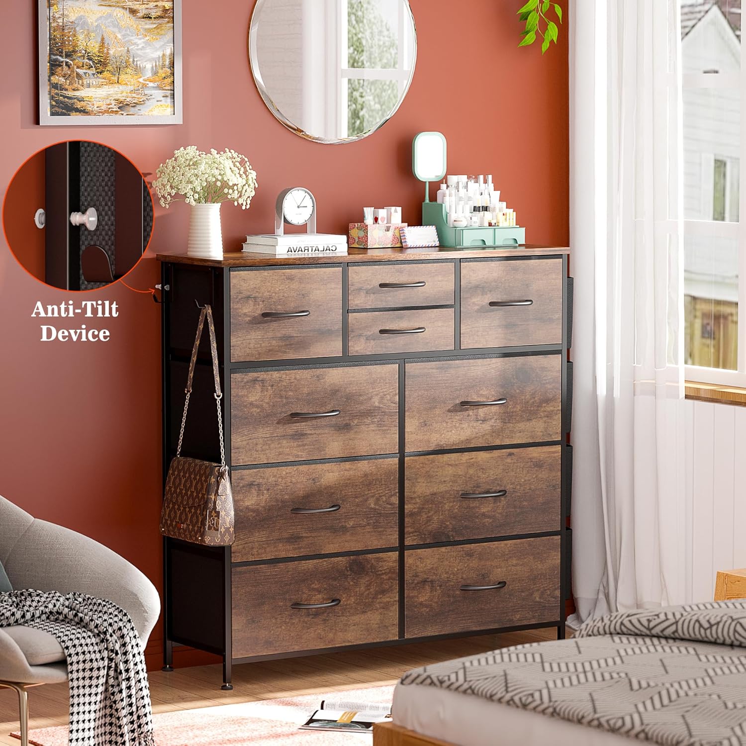 Lulive Dresser for Bedroom with 10 Drawers, Chest of Drawers with Side Pockets and Hooks, Fabric Storage Organizer Unit for Living Room, Hallway, Closet (Rustic Brown) - Grand Goldman