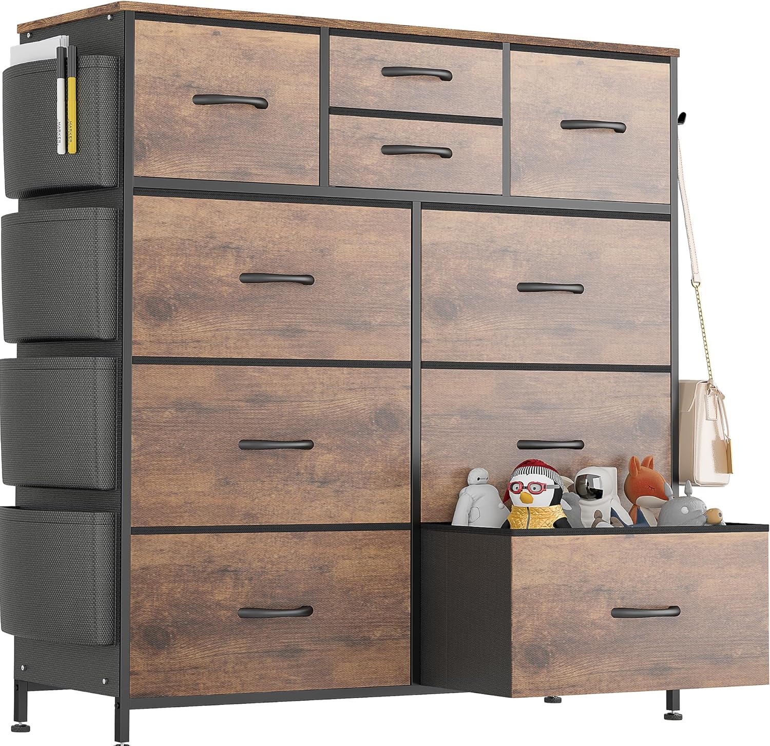 Lulive Dresser for Bedroom with 10 Drawers, Chest of Drawers with Side Pockets and Hooks, Fabric Storage Organizer Unit for Living Room, Hallway, Closet (Rustic Brown) - Grand Goldman