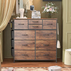 Lulive Dresser for Bedroom with 10 Drawers, Chest of Drawers with Side Pockets and Hooks, Fabric Storage Organizer Unit for Living Room, Hallway, Closet (Rustic Brown) - Grand Goldman