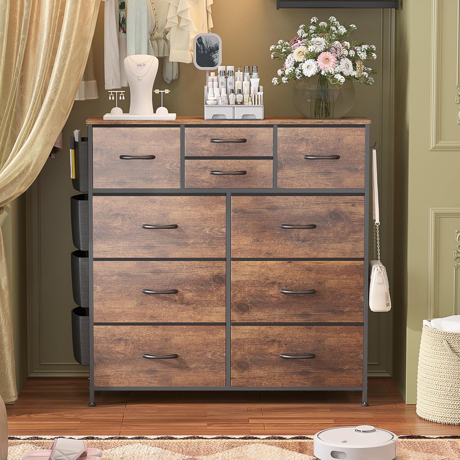 Lulive Dresser for Bedroom with 10 Drawers, Chest of Drawers with Side Pockets and Hooks, Fabric Storage Organizer Unit for Living Room, Hallway, Closet (Rustic Brown) - Grand Goldman