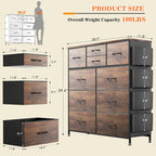 Lulive Dresser for Bedroom with 10 Drawers, Chest of Drawers with Side Pockets and Hooks, Fabric Storage Organizer Unit for Living Room, Hallway, Closet (Rustic Brown) - Grand Goldman