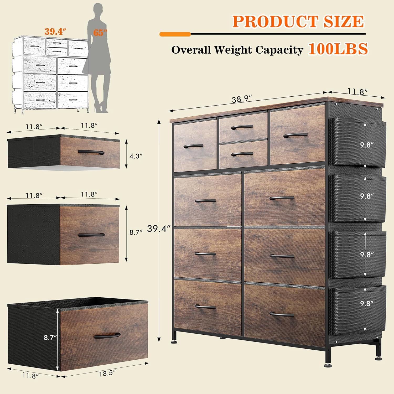 Lulive Dresser for Bedroom with 10 Drawers, Chest of Drawers with Side Pockets and Hooks, Fabric Storage Organizer Unit for Living Room, Hallway, Closet (Rustic Brown) - Grand Goldman
