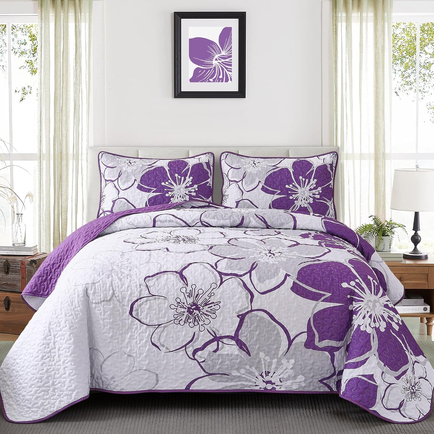 Luxudecor Floral Quilt Set Queen Size 3 Pieces Teal Flower Bedspread with Pillow Shams Lightweight Soft Microfiber Bed Cover for All Seasons 96"x90" - Grand Goldman