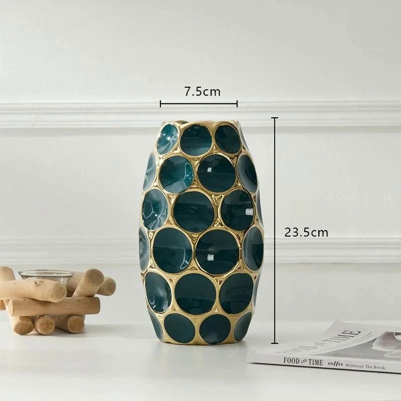 Luxurious Ceramic Vase for Dried Flower Pot Modern Wobble Plate Amphora Elegant Home Decorations Golden Convex Patterned Urn Refined Tabletop Vase for Living Room and Entrance Premium European Style Blossom Perfect Gift for Special Occasions - Grand Goldman