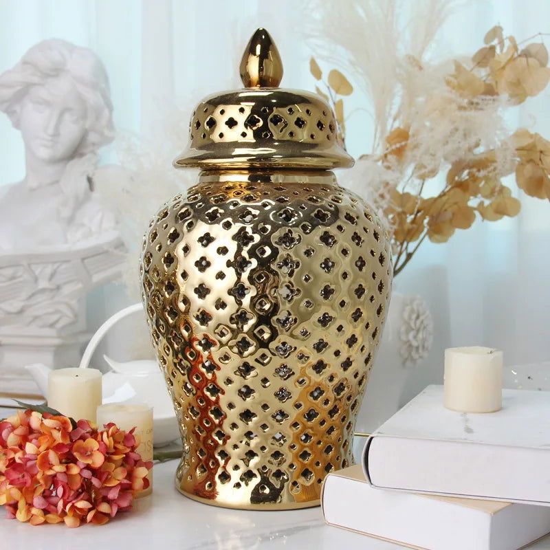 Luxurious Pierced Gold Ceramic Vase Silver White Ginger Jar with Lid Hollow Out Storage Amphora Elegant Carved Lattice Temple Jar Vintage Decorative Bud Vase for Home Room Office Tabletop Decor - Grand Goldman