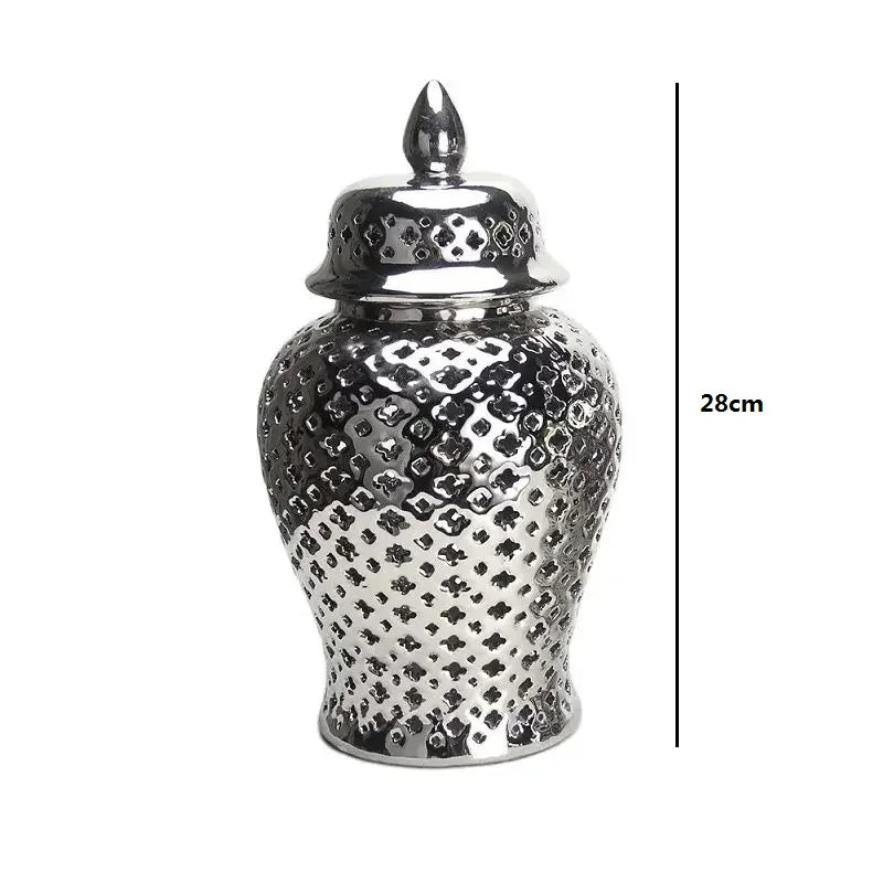 Luxurious Pierced Gold Ceramic Vase Silver White Ginger Jar with Lid Hollow Out Storage Amphora Elegant Carved Lattice Temple Jar Vintage Decorative Bud Vase for Home Room Office Tabletop Decor - Grand Goldman