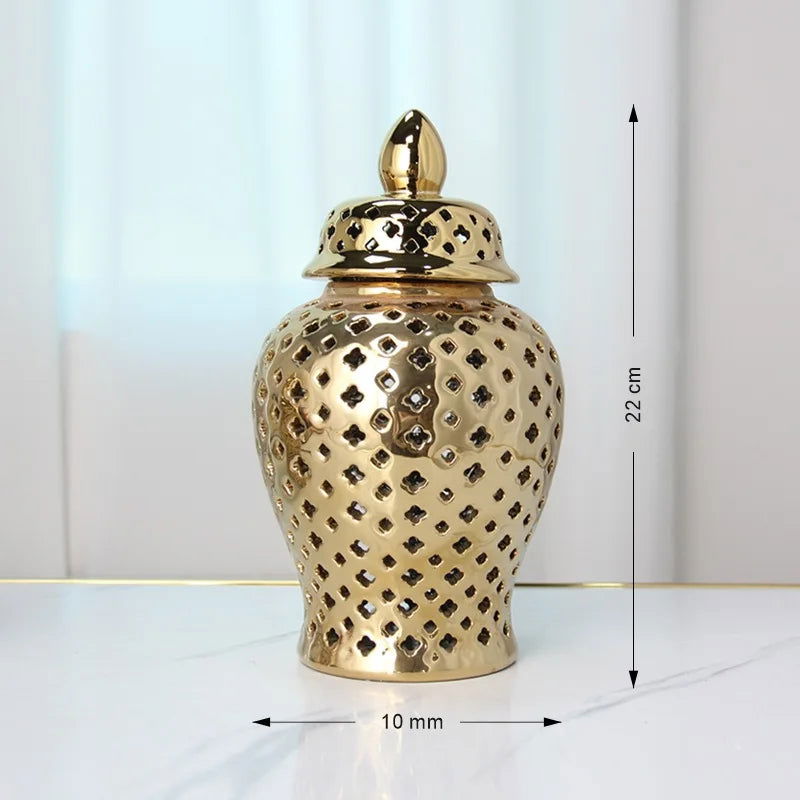Luxurious Pierced Gold Ceramic Vase Silver White Ginger Jar with Lid Hollow Out Storage Amphora Elegant Carved Lattice Temple Jar Vintage Decorative Bud Vase for Home Room Office Tabletop Decor - Grand Goldman