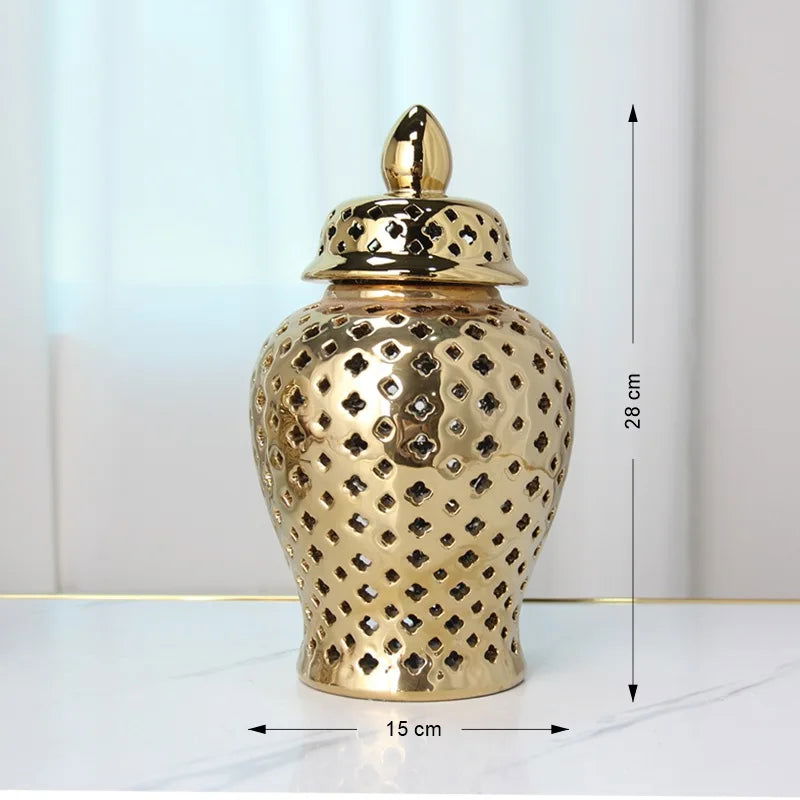 Luxurious Pierced Gold Ceramic Vase Silver White Ginger Jar with Lid Hollow Out Storage Amphora Elegant Carved Lattice Temple Jar Vintage Decorative Bud Vase for Home Room Office Tabletop Decor - Grand Goldman