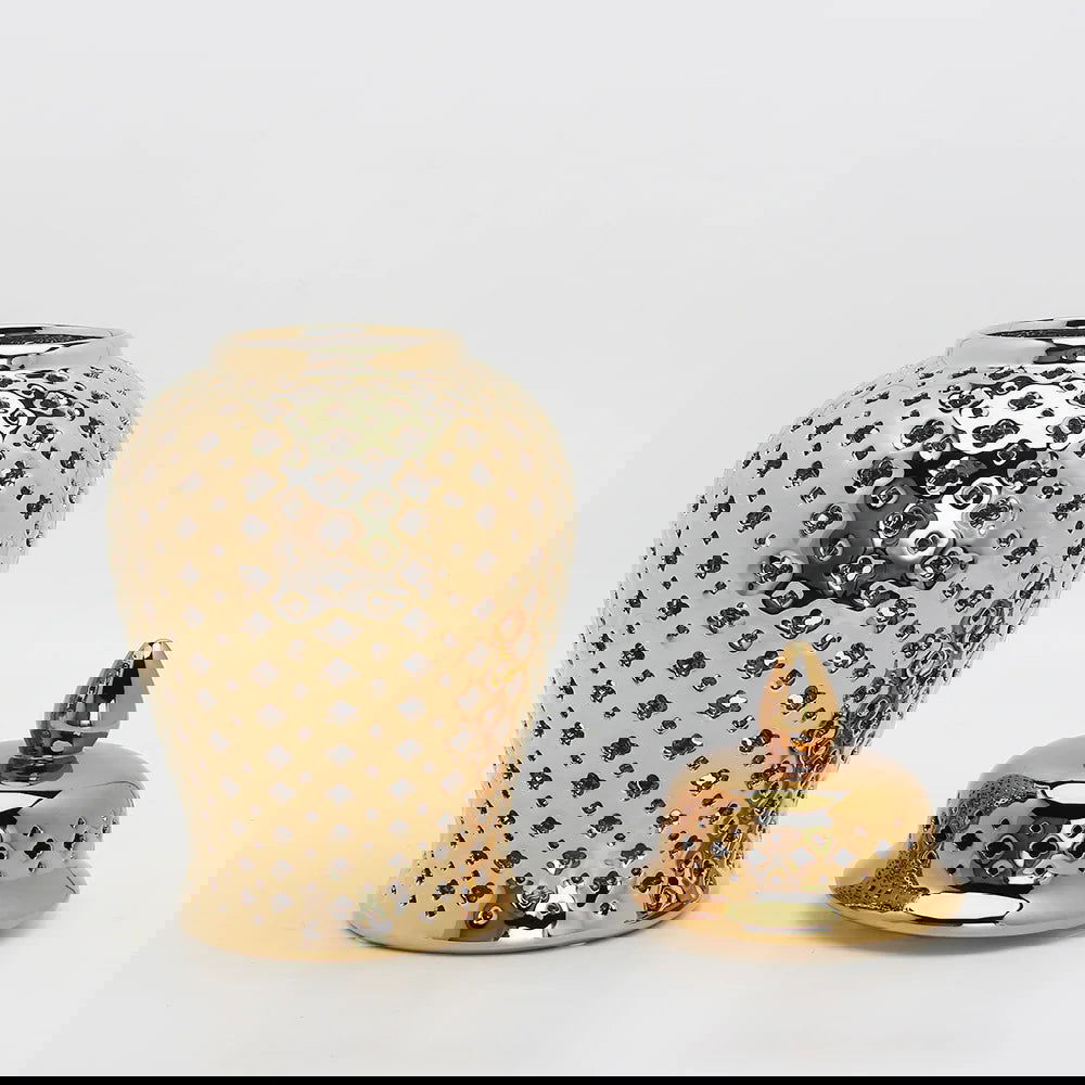 Luxurious Pierced Gold Ceramic Vase Silver White Ginger Jar with Lid Hollow Out Storage Amphora Elegant Carved Lattice Temple Jar Vintage Decorative Bud Vase for Home Room Office Tabletop Decor - Grand Goldman