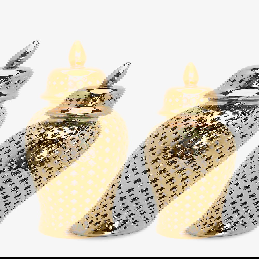 Luxurious Pierced Gold Ceramic Vase Silver White Ginger Jar with Lid Hollow Out Storage Amphora Elegant Carved Lattice Temple Jar Vintage Decorative Bud Vase for Home Room Office Tabletop Decor - Grand Goldman