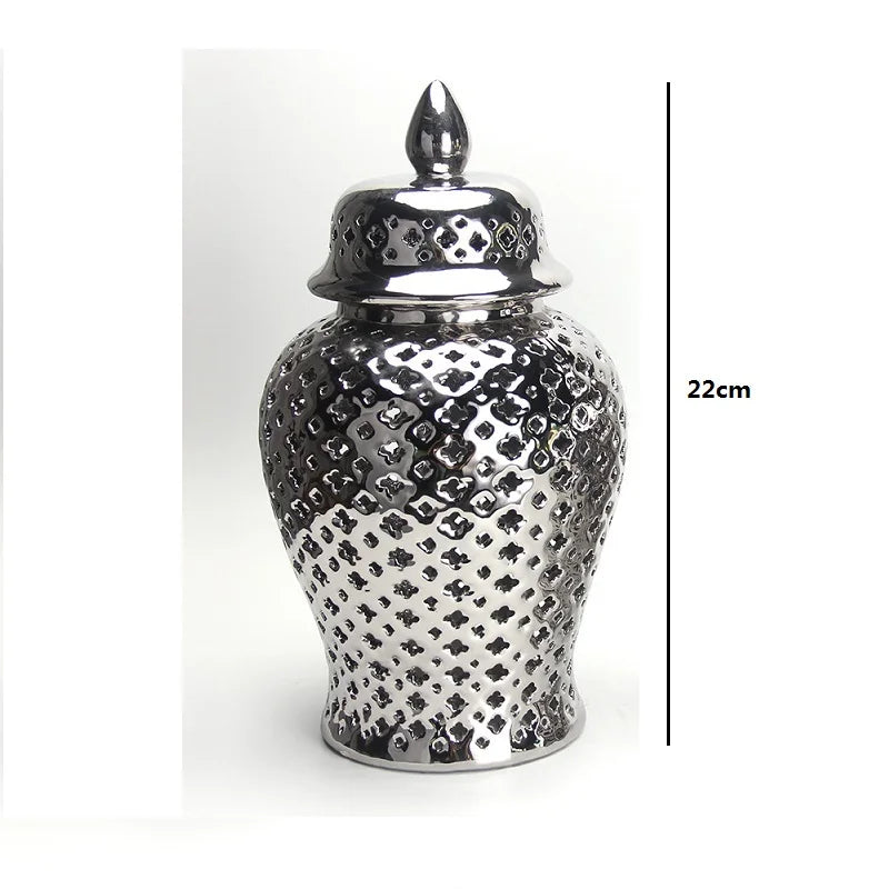 Luxurious Pierced Gold Ceramic Vase Silver White Ginger Jar with Lid Hollow Out Storage Amphora Elegant Carved Lattice Temple Jar Vintage Decorative Bud Vase for Home Room Office Tabletop Decor - Grand Goldman