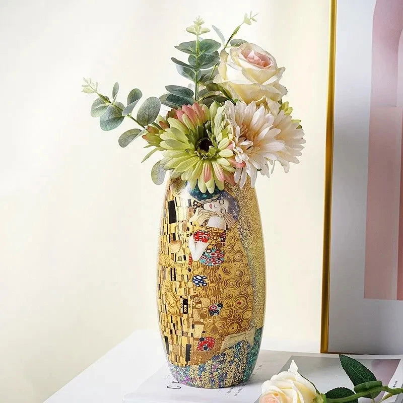 Luxury Europe Klimt Kiss Ceramic Vase Home Decor Creative Flower Pot Impressionism Design Porcelain Decorative Flower Vase For Wedding Home Kitchen Living Room Decoration - Grand Goldman