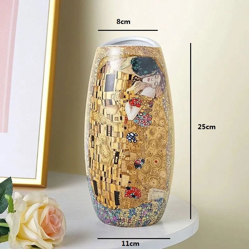 Luxury Europe Klimt Kiss Ceramic Vase Home Decor Creative Flower Pot Impressionism Design Porcelain Decorative Flower Vase For Wedding Home Kitchen Living Room Decoration - Grand Goldman