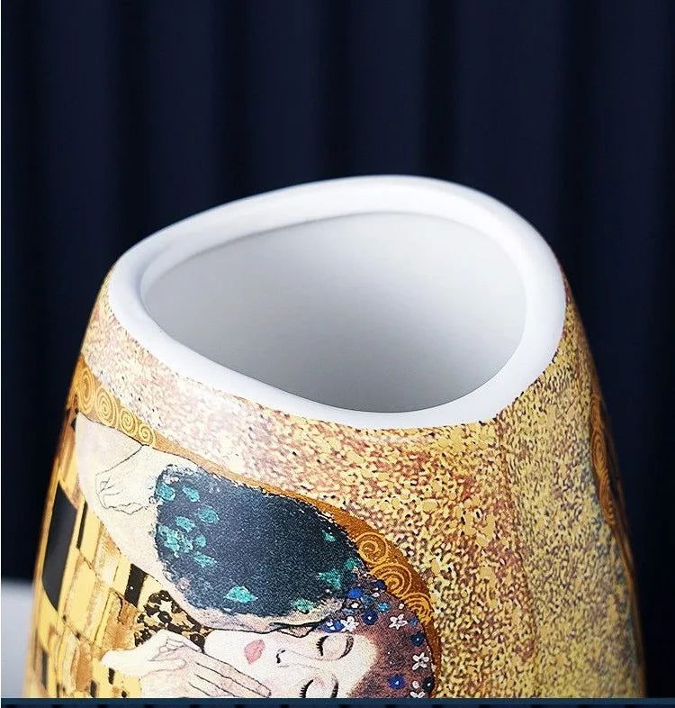 Luxury Europe Klimt Kiss Ceramic Vase Home Decor Creative Flower Pot Impressionism Design Porcelain Decorative Flower Vase For Wedding Home Kitchen Living Room Decoration - Grand Goldman