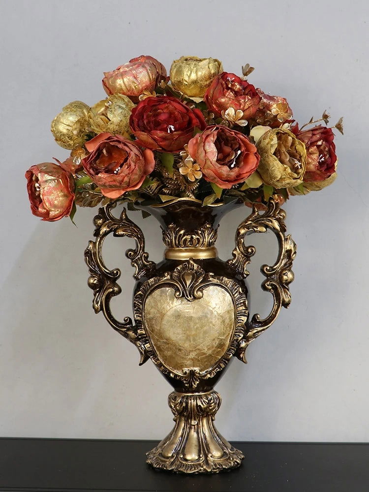 Luxury European Resin Vase Dried Flowers Arrangement Antique Victorian Look Ornate Wooded Appearance Detailed Engravings Royal Brown Tabletop Vase for Living Room Entrance Ornaments Home Decorations - Grand Goldman