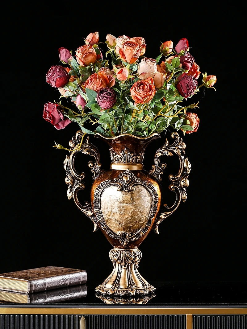 Luxury European Resin Vase Dried Flowers Arrangement Antique Victorian Look Ornate Wooded Appearance Detailed Engravings Royal Brown Tabletop Vase for Living Room Entrance Ornaments Home Decorations - Grand Goldman