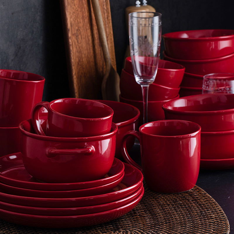 Luxury Red Glaze Ceramic Dinner Sets Kitchen Utensils Porcelain Salad Serving Plate Dish Bowl Restaurant Dining Table Home Decor - Grand Goldman