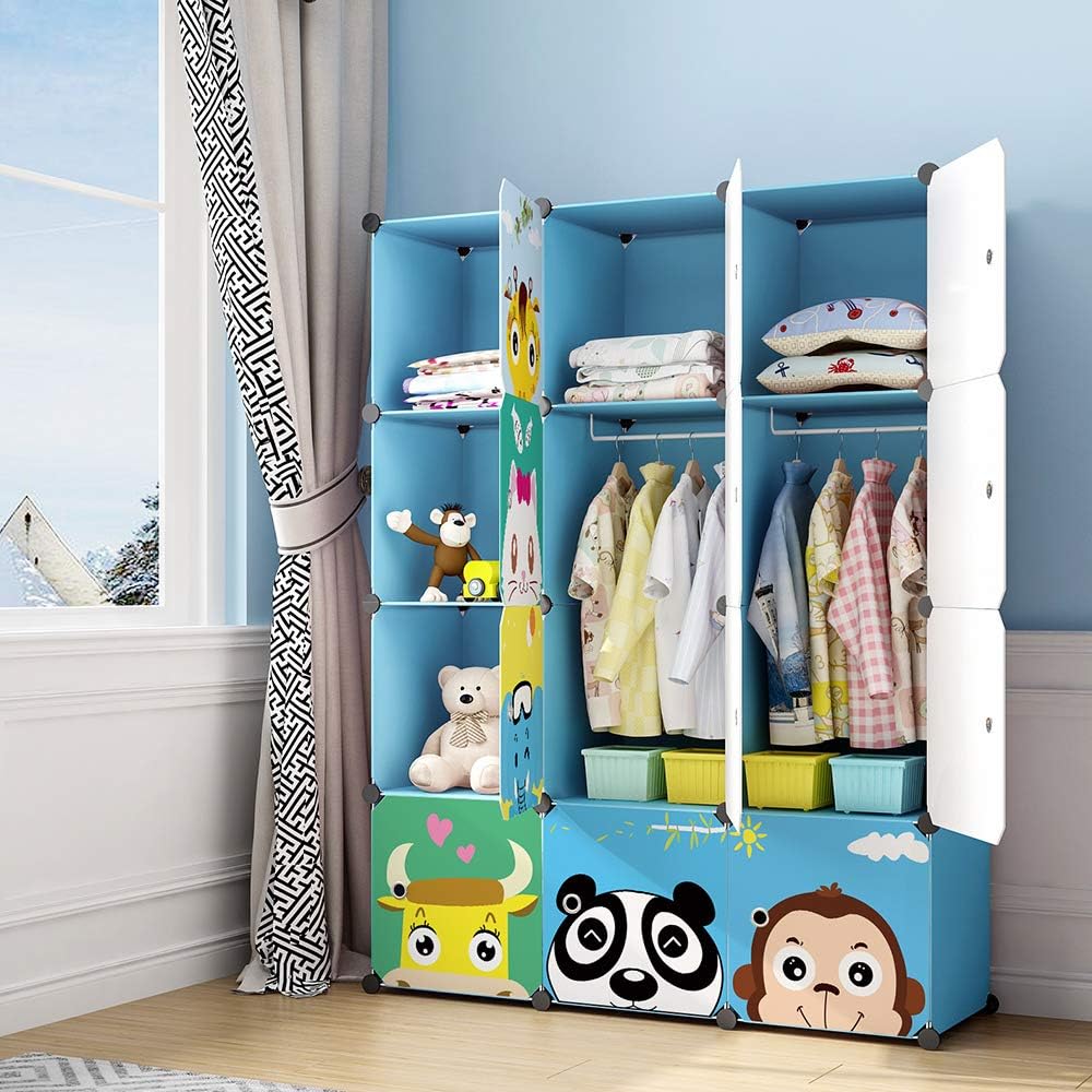 MAGINELS Kids Closet,Baby Wardrobe Closet with Door,Cute Portable Armoire Dresser,Clothes Hanging Storage Rack for Boy Bedroom,Blue,12 Cube(14x14inch) - Grand Goldman