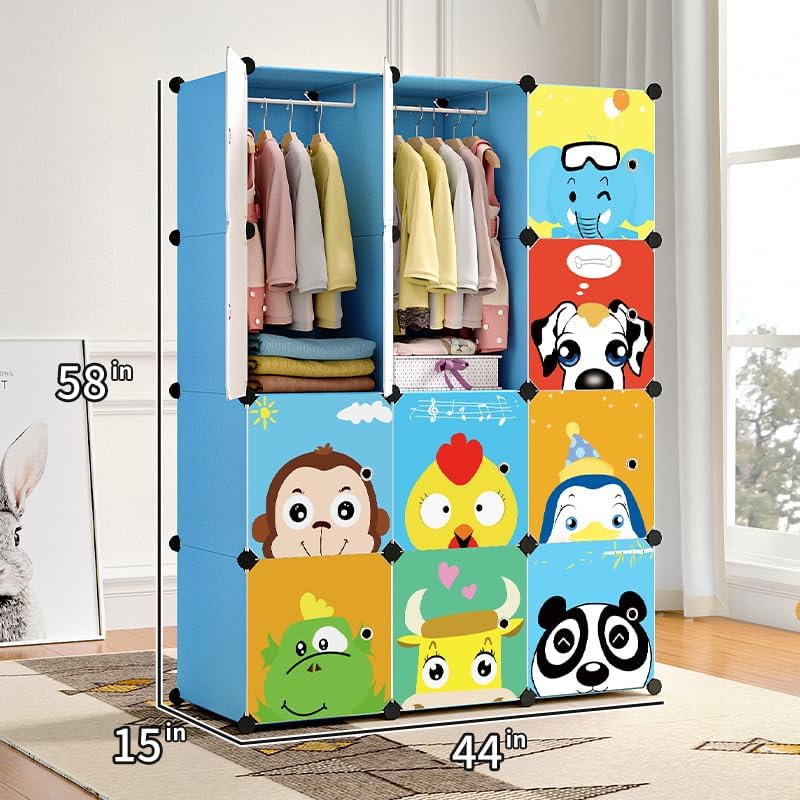 MAGINELS Kids Closet,Baby Wardrobe Closet with Door,Cute Portable Armoire Dresser,Clothes Hanging Storage Rack for Boy Bedroom,Blue,12 Cube(14x14inch) - Grand Goldman
