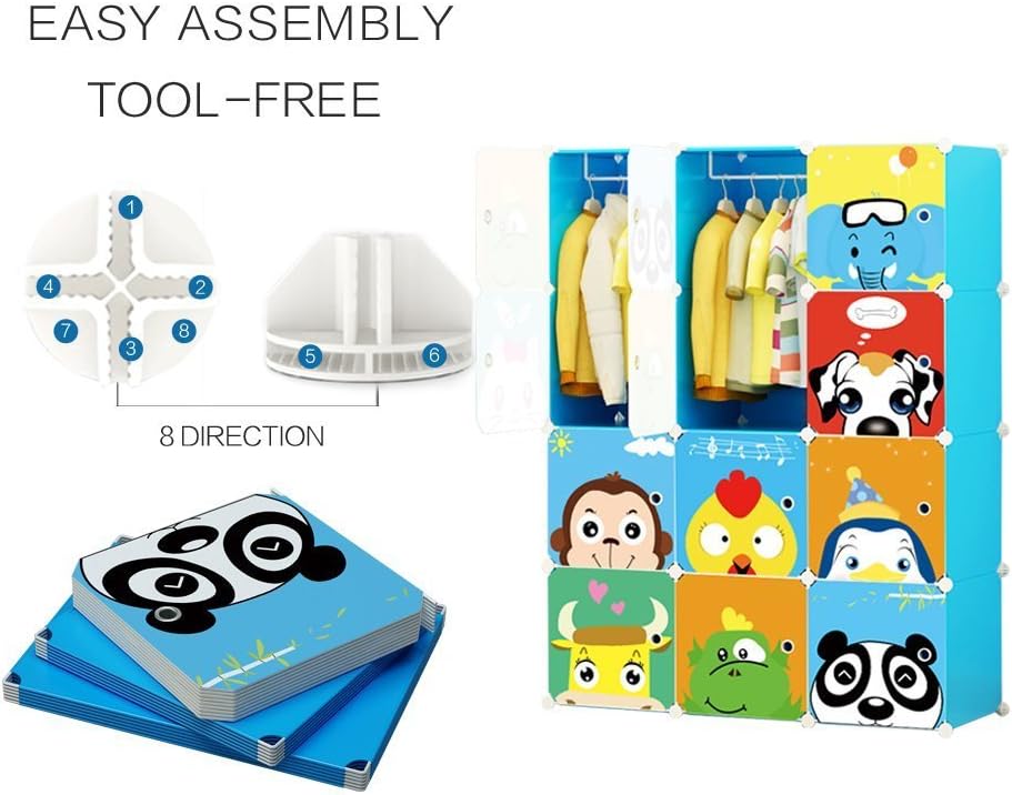 MAGINELS Kids Closet,Baby Wardrobe Closet with Door,Cute Portable Armoire Dresser,Clothes Hanging Storage Rack for Boy Bedroom,Blue,12 Cube(14x14inch) - Grand Goldman