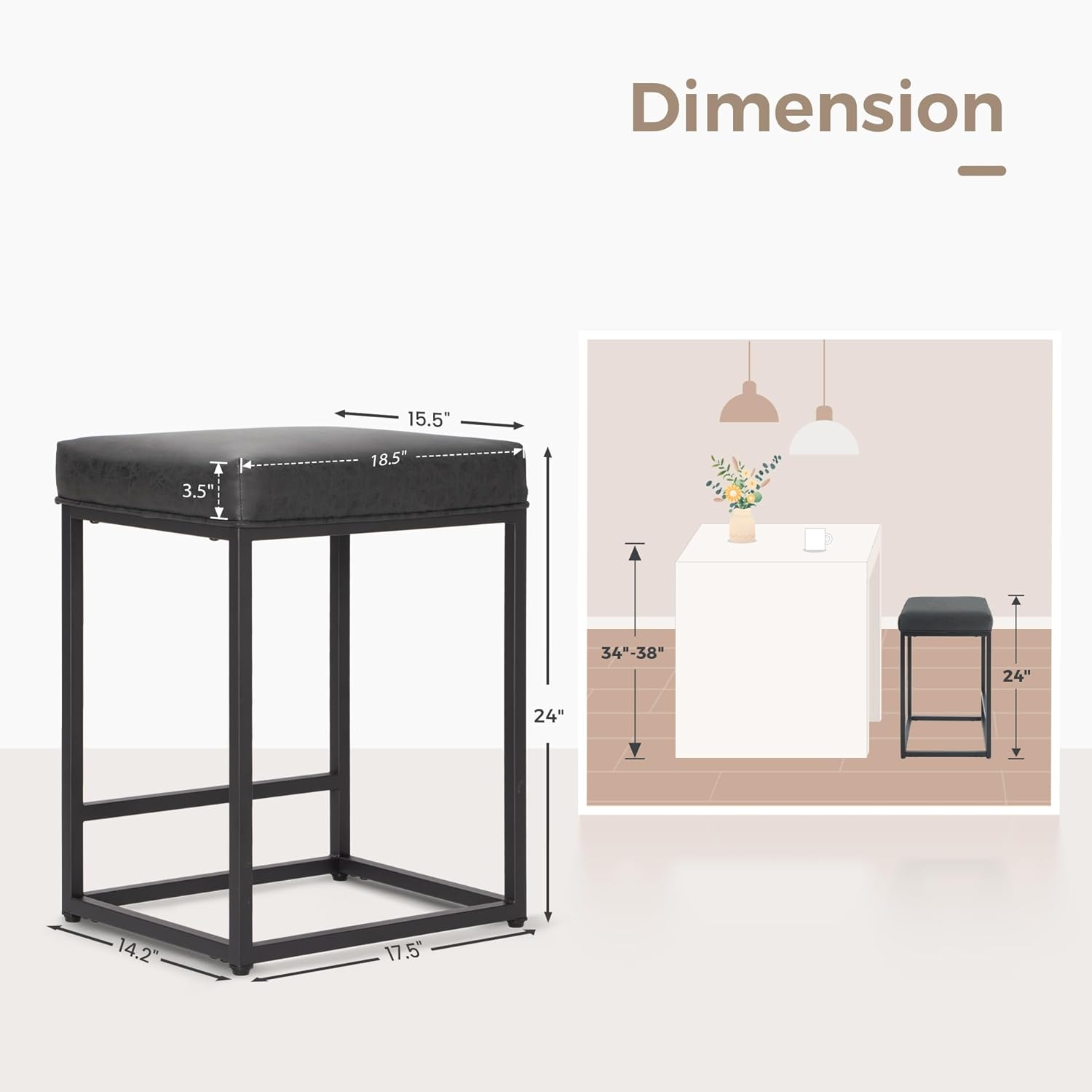 MAISON ARTS Black Counter Height 24" Bar Stools Set of 2 for Kitchen Counter Backless Modern Square Barstools Upholstered Faux Leather Stools Farmhouse Island Chairs, (24 Inch,Black) - Grand Goldman