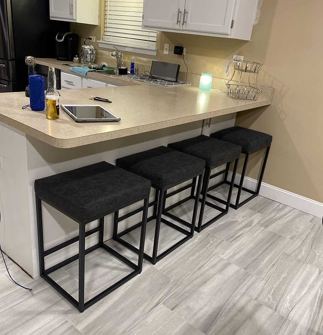 MAISON ARTS Black Counter Height 24" Bar Stools Set of 2 for Kitchen Counter Backless Modern Square Barstools Upholstered Faux Leather Stools Farmhouse Island Chairs, (24 Inch,Black) - Grand Goldman