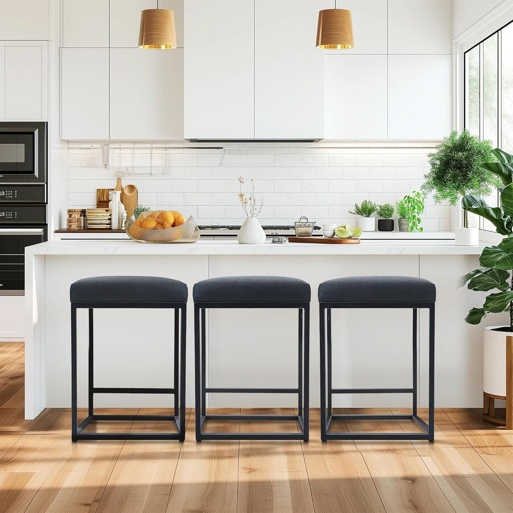 MAISON ARTS Black Counter Height 24" Bar Stools Set of 2 for Kitchen Counter Backless Modern Square Barstools Upholstered Faux Leather Stools Farmhouse Island Chairs, (24 Inch,Black) - Grand Goldman