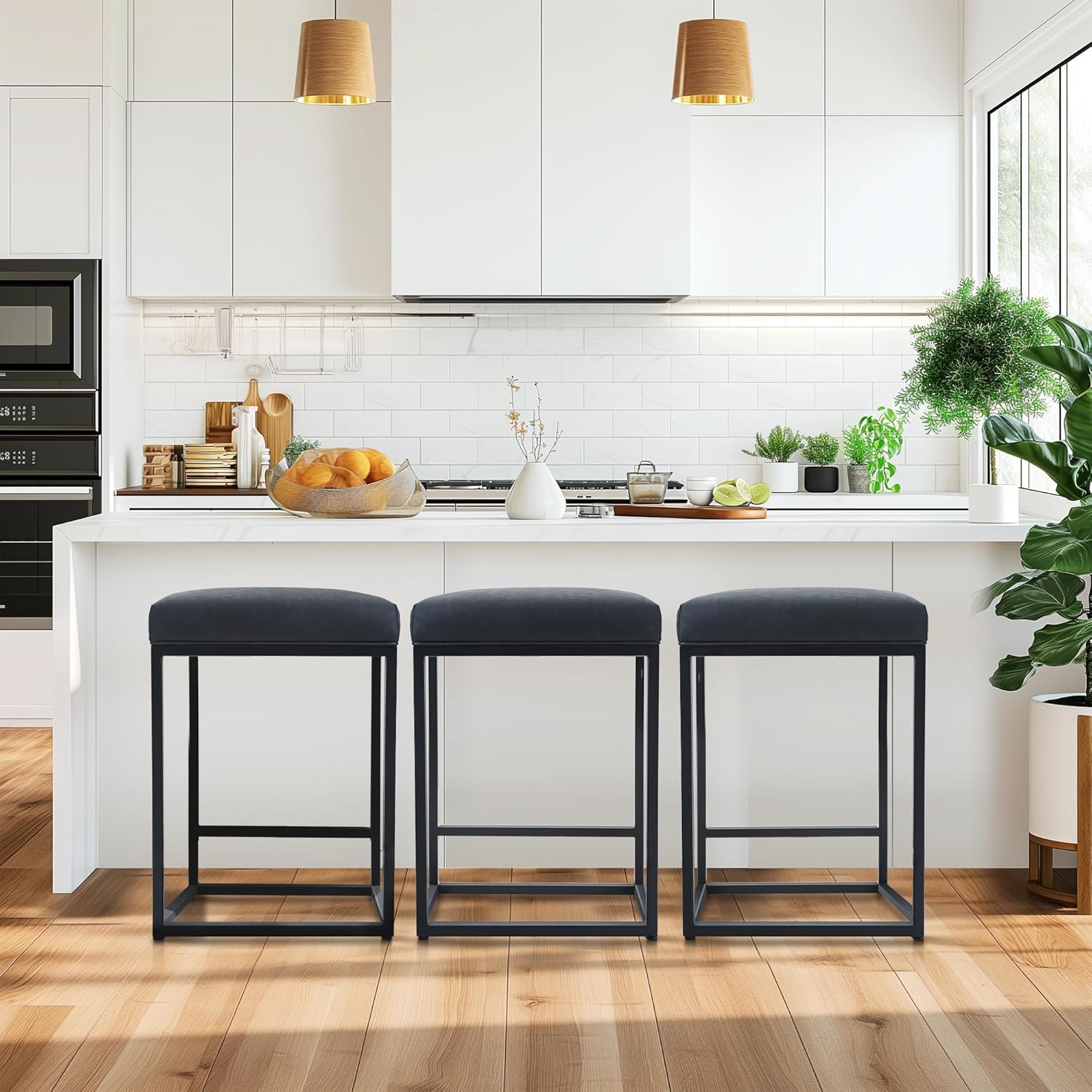 MAISON ARTS Black Counter Height 24" Bar Stools Set of 2 for Kitchen Counter Backless Modern Square Barstools Upholstered Faux Leather Stools Farmhouse Island Chairs, (24 Inch,Black) - Grand Goldman