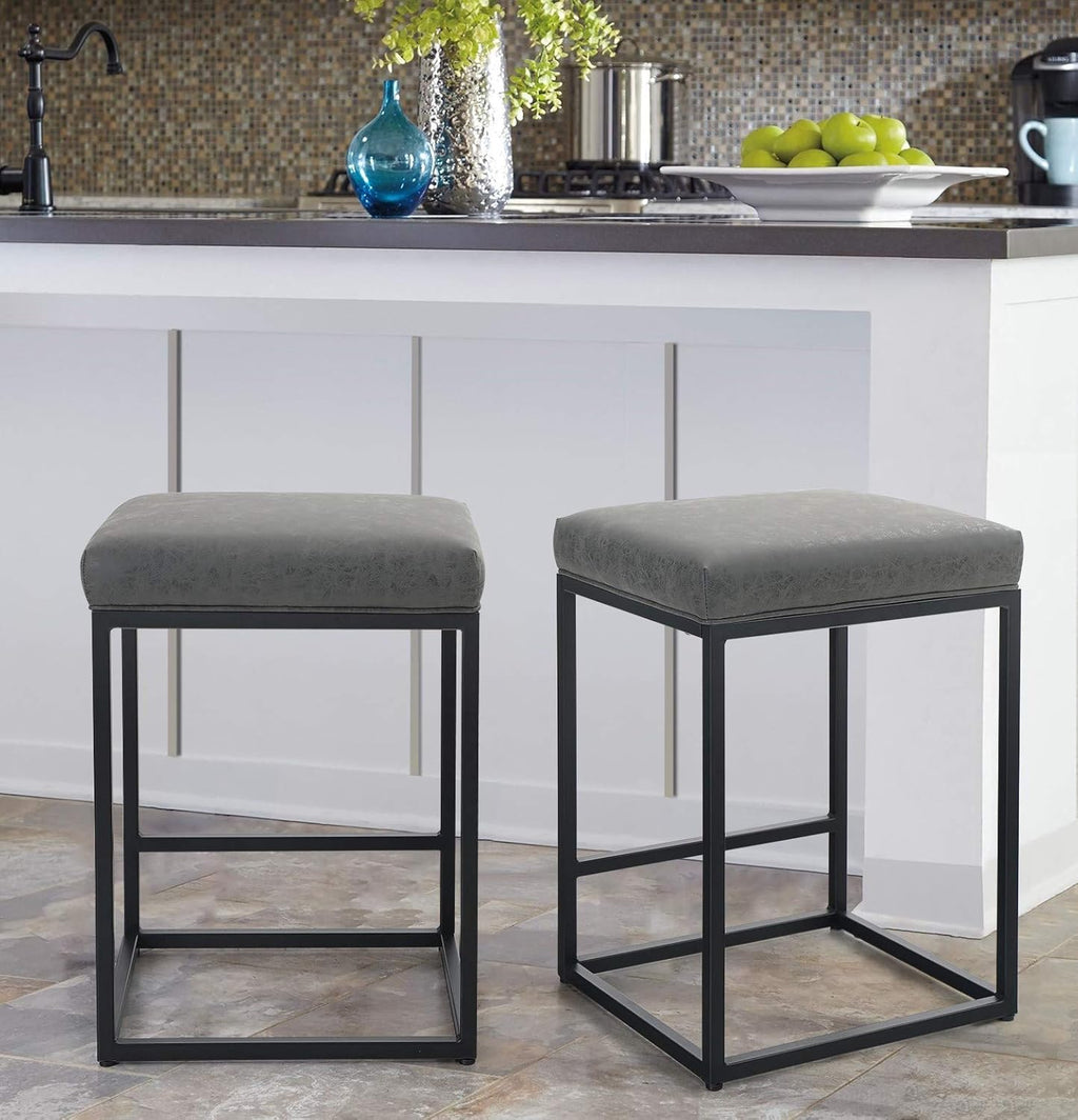 MAISON ARTS Black Counter Height 24" Bar Stools Set of 2 for Kitchen Counter Backless Modern Square Barstools Upholstered Faux Leather Stools Farmhouse Island Chairs, (24 Inch,Black) - Grand Goldman
