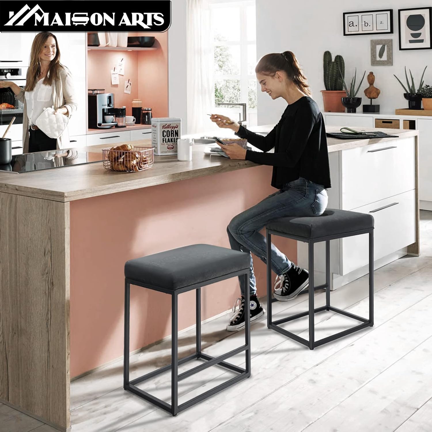 MAISON ARTS Black Counter Height 24" Bar Stools Set of 2 for Kitchen Counter Backless Modern Square Barstools Upholstered Faux Leather Stools Farmhouse Island Chairs, (24 Inch,Black) - Grand Goldman