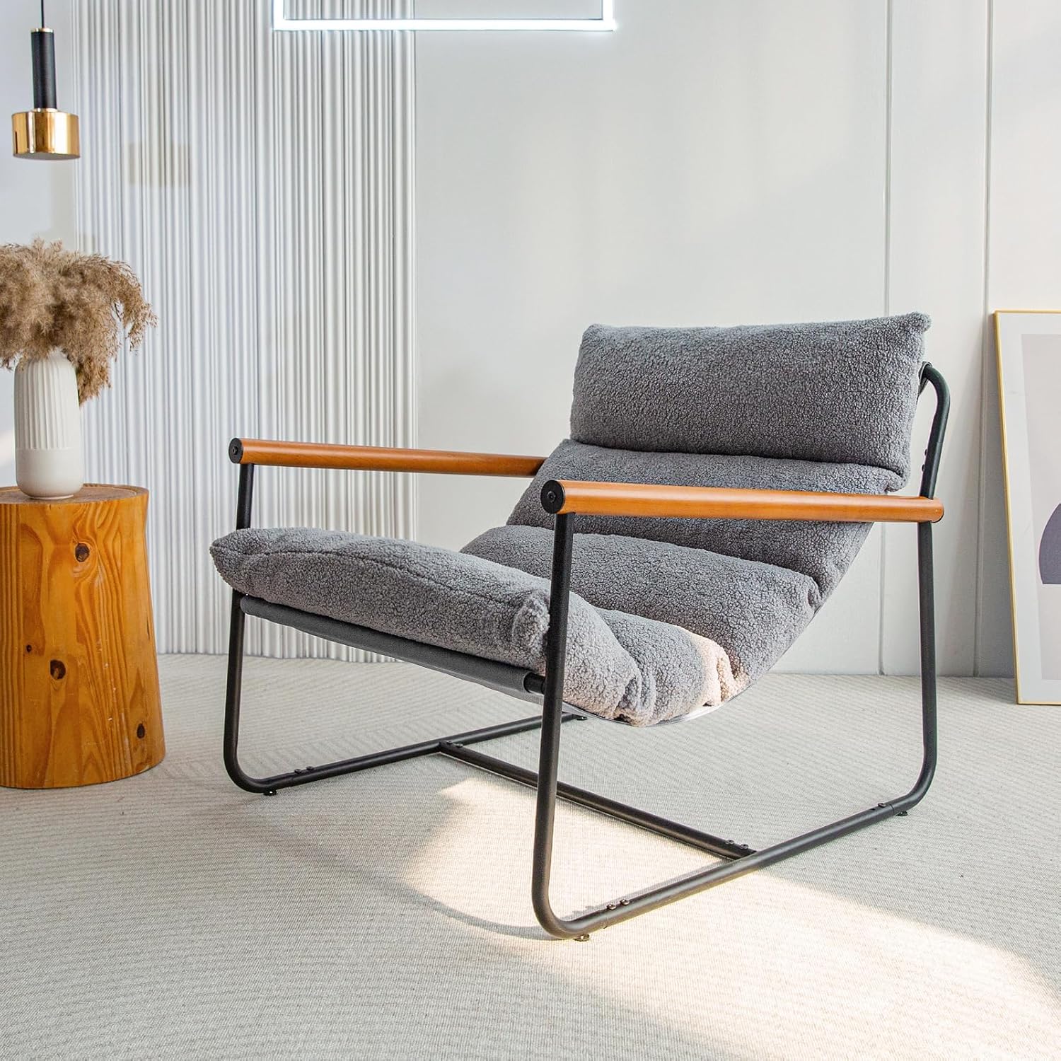 MAXYOYO Sherpa Accent Chair, Boucle Arm Chair Living Room Chair, Reading Accent Chair, Mid Century Modern Bedroom Chair,Teddy Armchair Wooden Arms Metal Frame - Grand Goldman