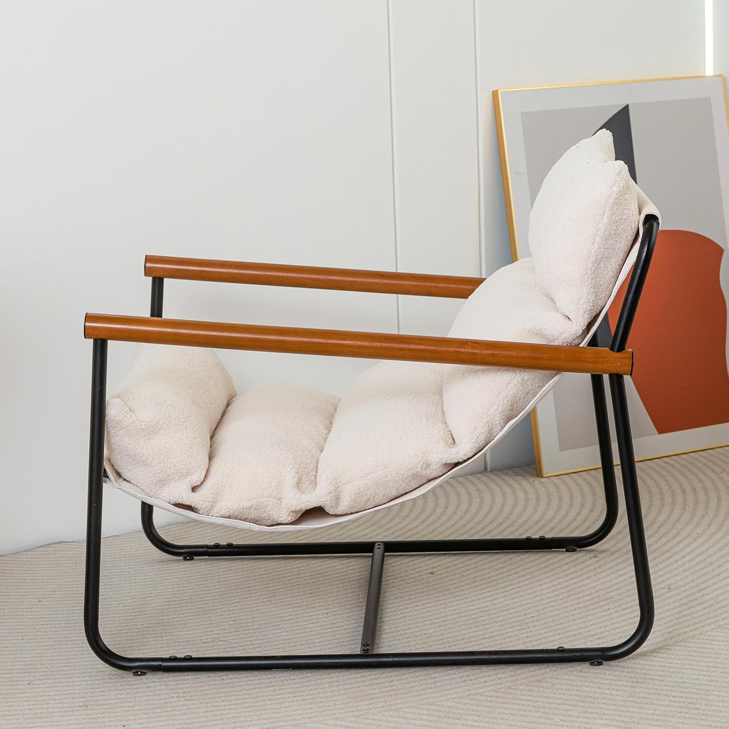 MAXYOYO Sherpa Accent Chair, Boucle Arm Chair Living Room Chair, Reading Accent Chair, Mid Century Modern Bedroom Chair,Teddy Armchair Wooden Arms Metal Frame - Grand Goldman