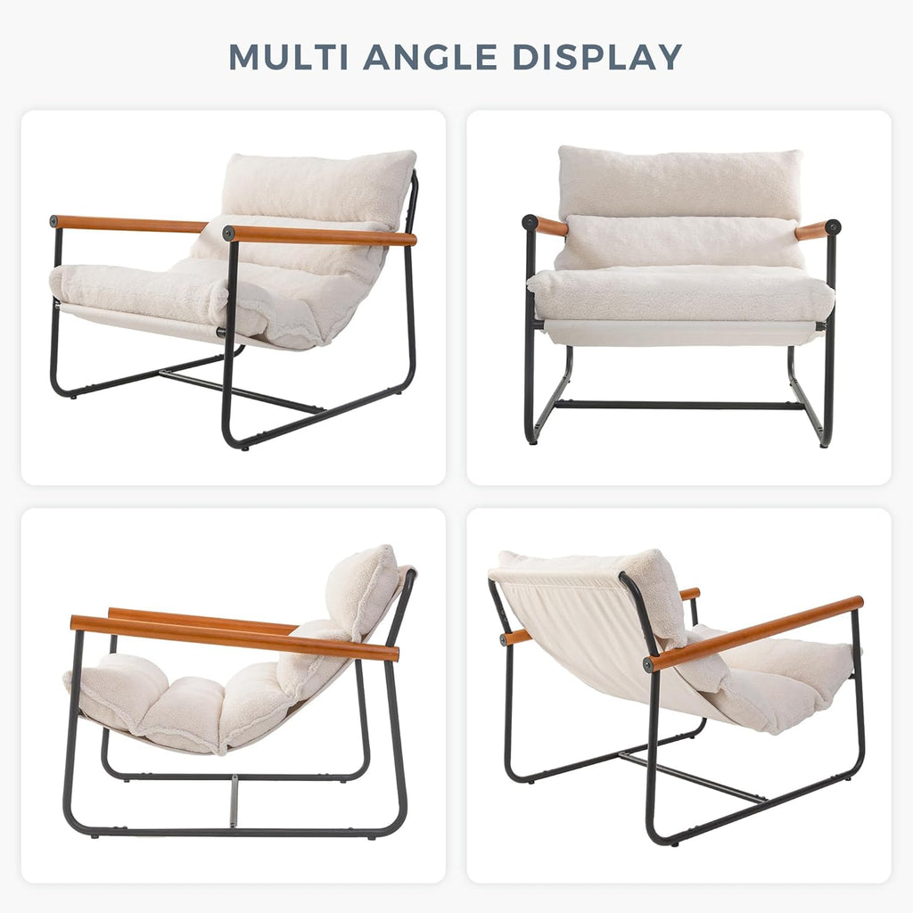 MAXYOYO Sherpa Accent Chair, Boucle Arm Chair Living Room Chair, Reading Accent Chair, Mid Century Modern Bedroom Chair,Teddy Armchair Wooden Arms Metal Frame - Grand Goldman