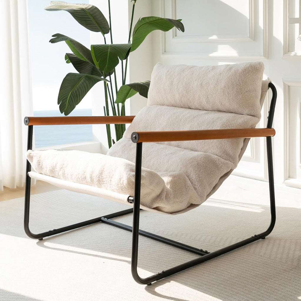 MAXYOYO Sherpa Accent Chair, Boucle Arm Chair Living Room Chair, Reading Accent Chair, Mid Century Modern Bedroom Chair,Teddy Armchair Wooden Arms Metal Frame - Grand Goldman