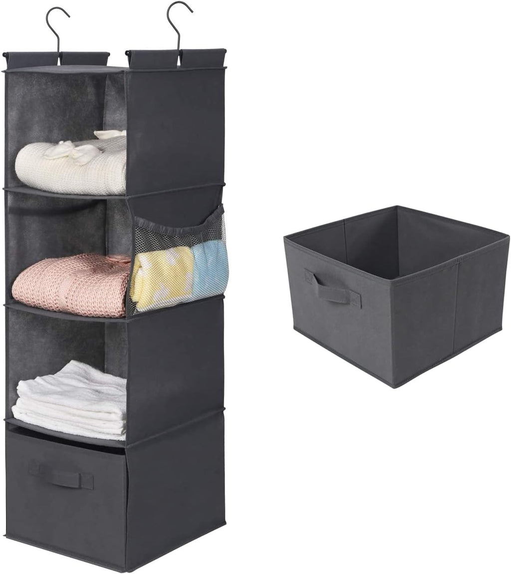 MAX Houser 4-Shelf Hanging Closet Organizer, Space Saver, Cloth Hanging Shelves with 2 Side Pockets, Foldable (Grey) - Grand Goldman