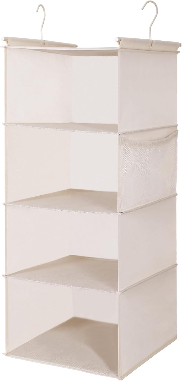 MAX Houser 4-Shelf Hanging Closet Organizer, Space Saver, Cloth Hanging Shelves with 2 Side Pockets, Foldable (Grey) - Grand Goldman