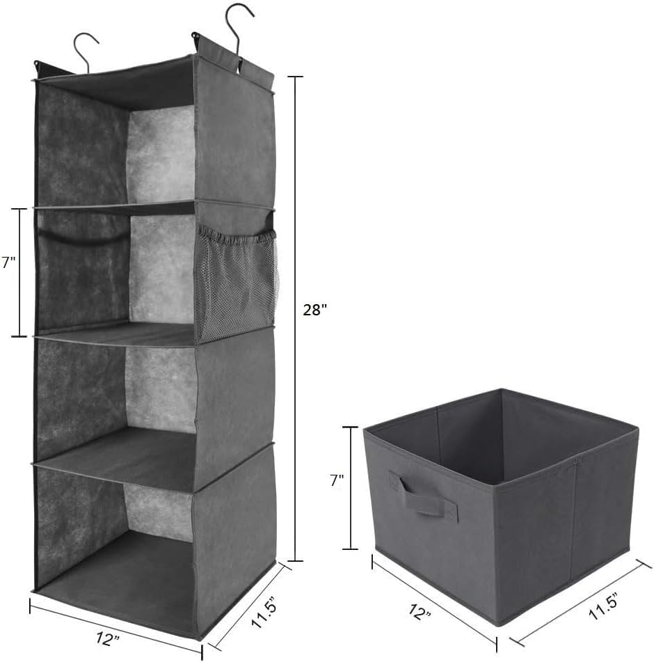 MAX Houser 4-Shelf Hanging Closet Organizer, Space Saver, Cloth Hanging Shelves with 2 Side Pockets, Foldable (Grey) - Grand Goldman