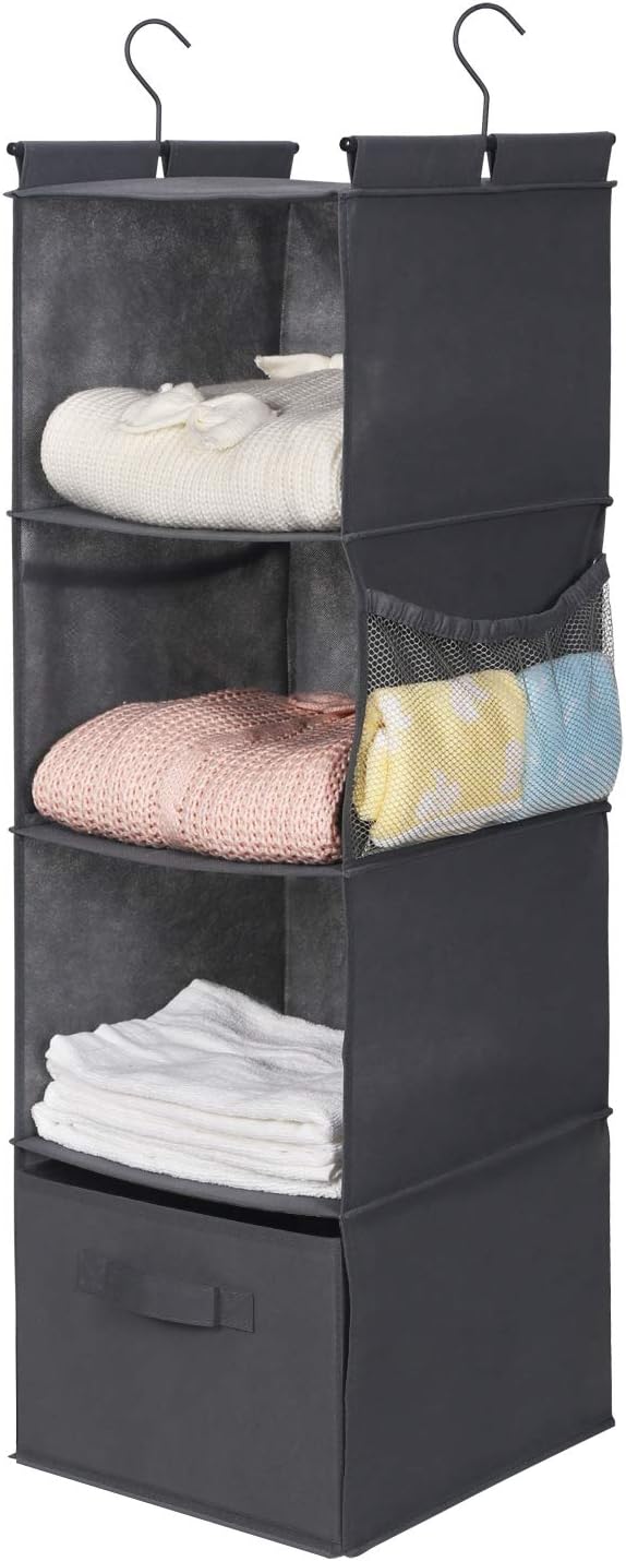 MAX Houser 4-Shelf Hanging Closet Organizer, Space Saver, Cloth Hanging Shelves with 2 Side Pockets, Foldable (Grey) - Grand Goldman