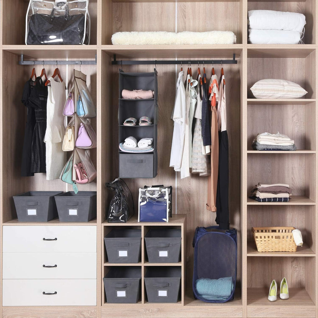 MAX Houser 4-Shelf Hanging Closet Organizer, Space Saver, Cloth Hanging Shelves with 2 Side Pockets, Foldable (Grey) - Grand Goldman