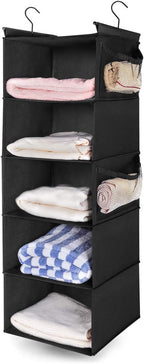 MAX Houser 5 Shelf Hanging Closet Organizer, Space Saver, Cloth Hanging Shelves with 4 Side Pockets, Foldable, Beige - Grand Goldman