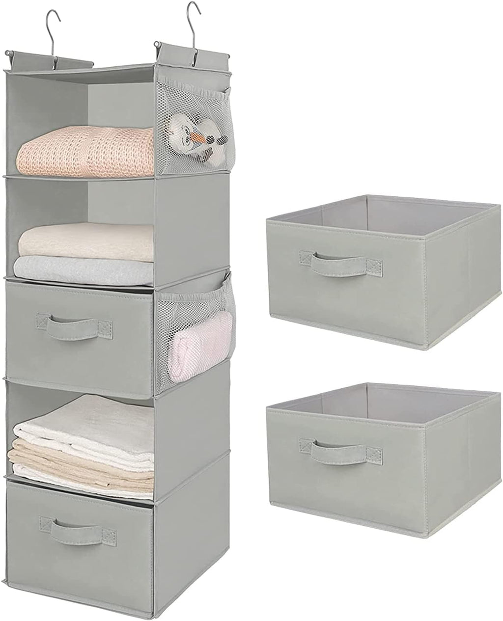 MAX Houser 5 Shelf Hanging Closet Organizer, Space Saver, Cloth Hanging Shelves with 4 Side Pockets, Foldable, Beige - Grand Goldman