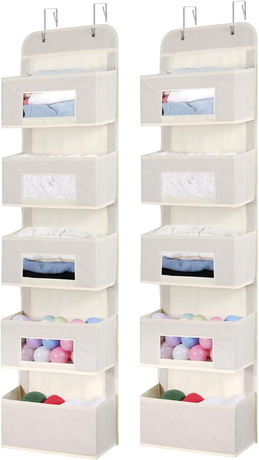 MAX Houser 5 Shelf Hanging Closet Organizer, Space Saver, Cloth Hanging Shelves with 4 Side Pockets, Foldable, Beige - Grand Goldman