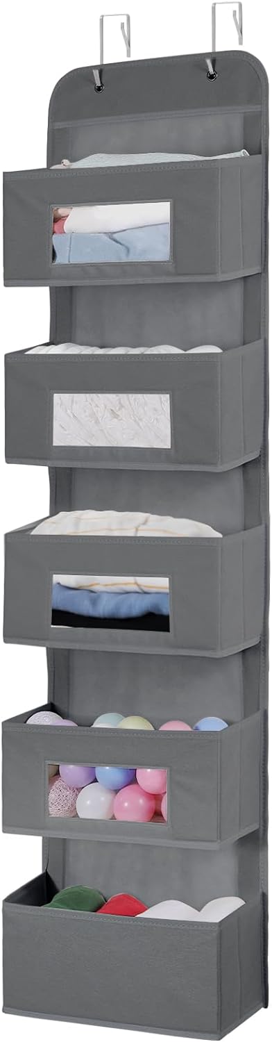 MAX Houser 5 Shelf Hanging Closet Organizer, Space Saver, Cloth Hanging Shelves with 4 Side Pockets, Foldable, Beige - Grand Goldman