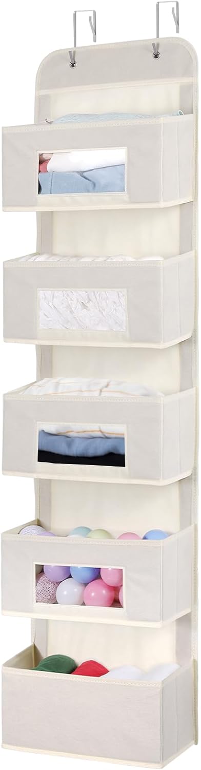 MAX Houser 5 Shelf Hanging Closet Organizer, Space Saver, Cloth Hanging Shelves with 4 Side Pockets, Foldable, Beige - Grand Goldman