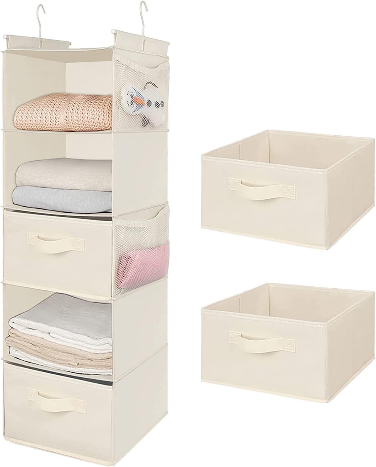 MAX Houser 5 Shelf Hanging Closet Organizer, Space Saver, Cloth Hanging Shelves with 4 Side Pockets, Foldable, Beige - Grand Goldman