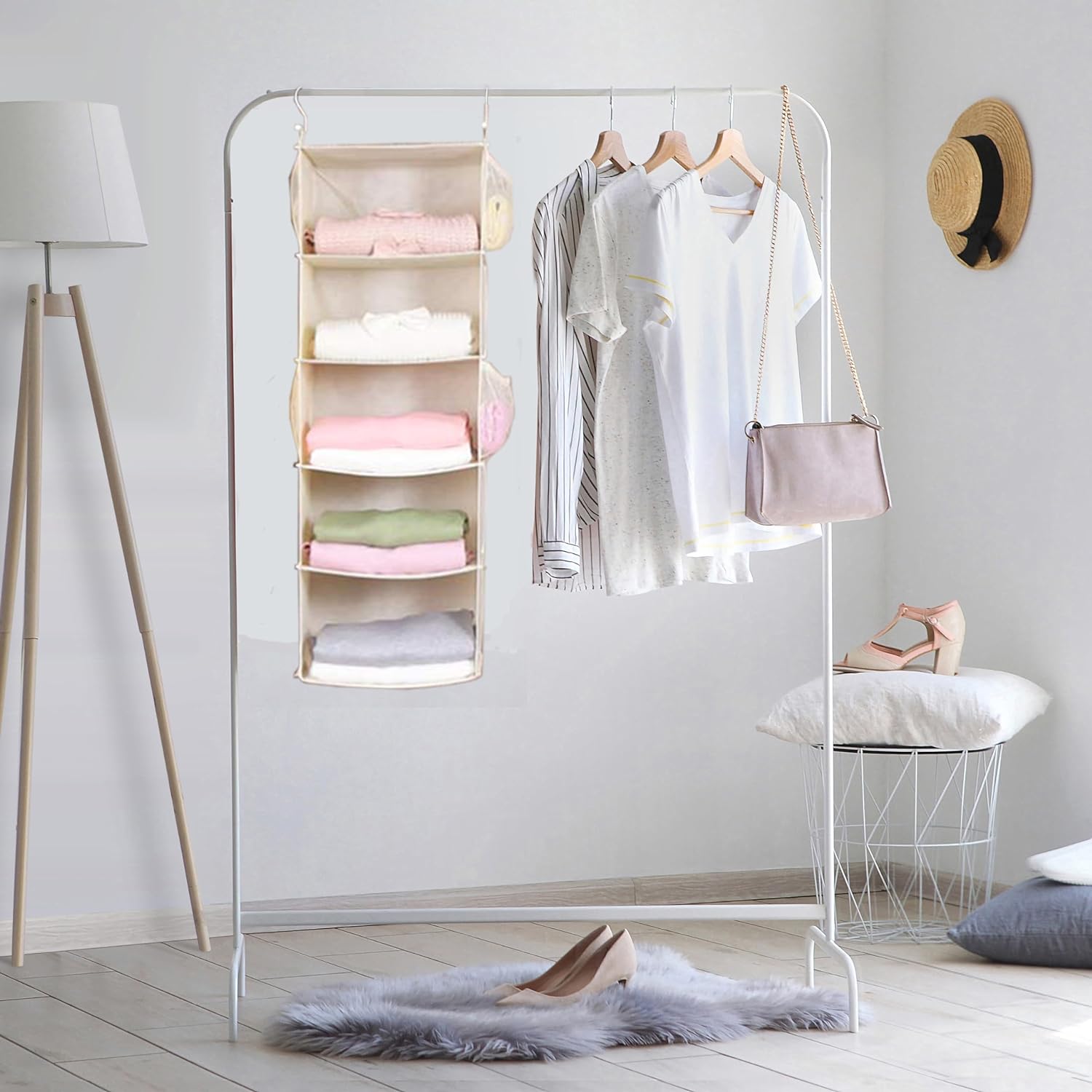 MAX Houser 5 Shelf Hanging Closet Organizer, Space Saver, Cloth Hanging Shelves with 4 Side Pockets, Foldable, Beige - Grand Goldman