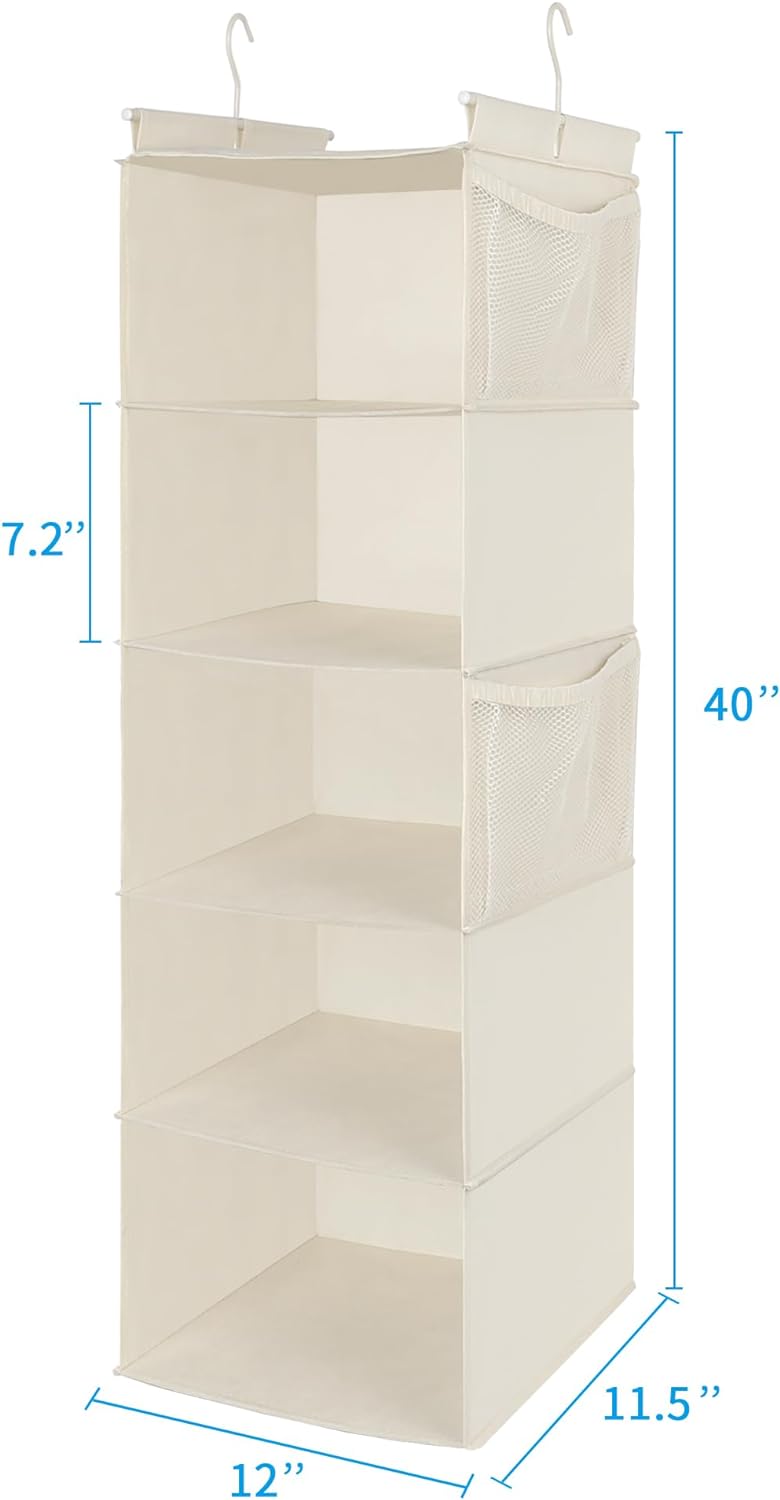 MAX Houser 5 Shelf Hanging Closet Organizer, Space Saver, Cloth Hanging Shelves with 4 Side Pockets, Foldable, Beige - Grand Goldman
