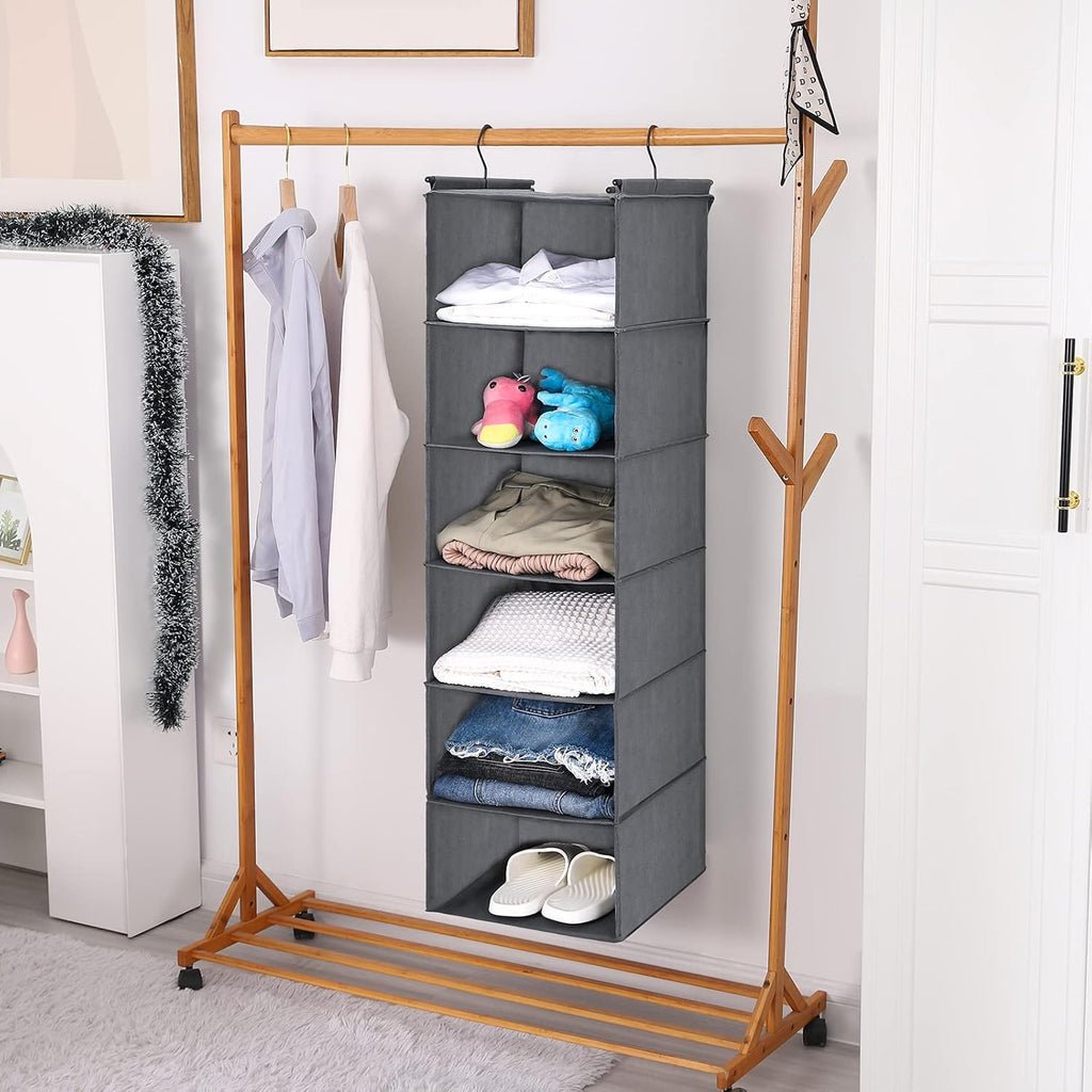 MAX Houser 6 Tier Shelf Hanging Closet Organizer, Closet Hanging Shelf with 2 Sturdy Hooks for Storage, Foldable (Grey) - Grand Goldman