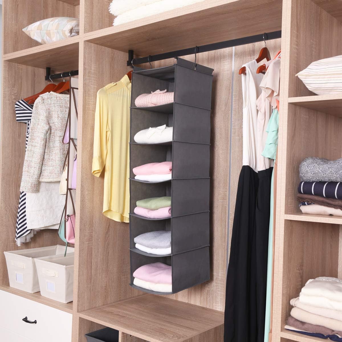 MAX Houser 6 Tier Shelf Hanging Closet Organizer, Closet Hanging Shelf with 2 Sturdy Hooks for Storage, Foldable (Grey) - Grand Goldman