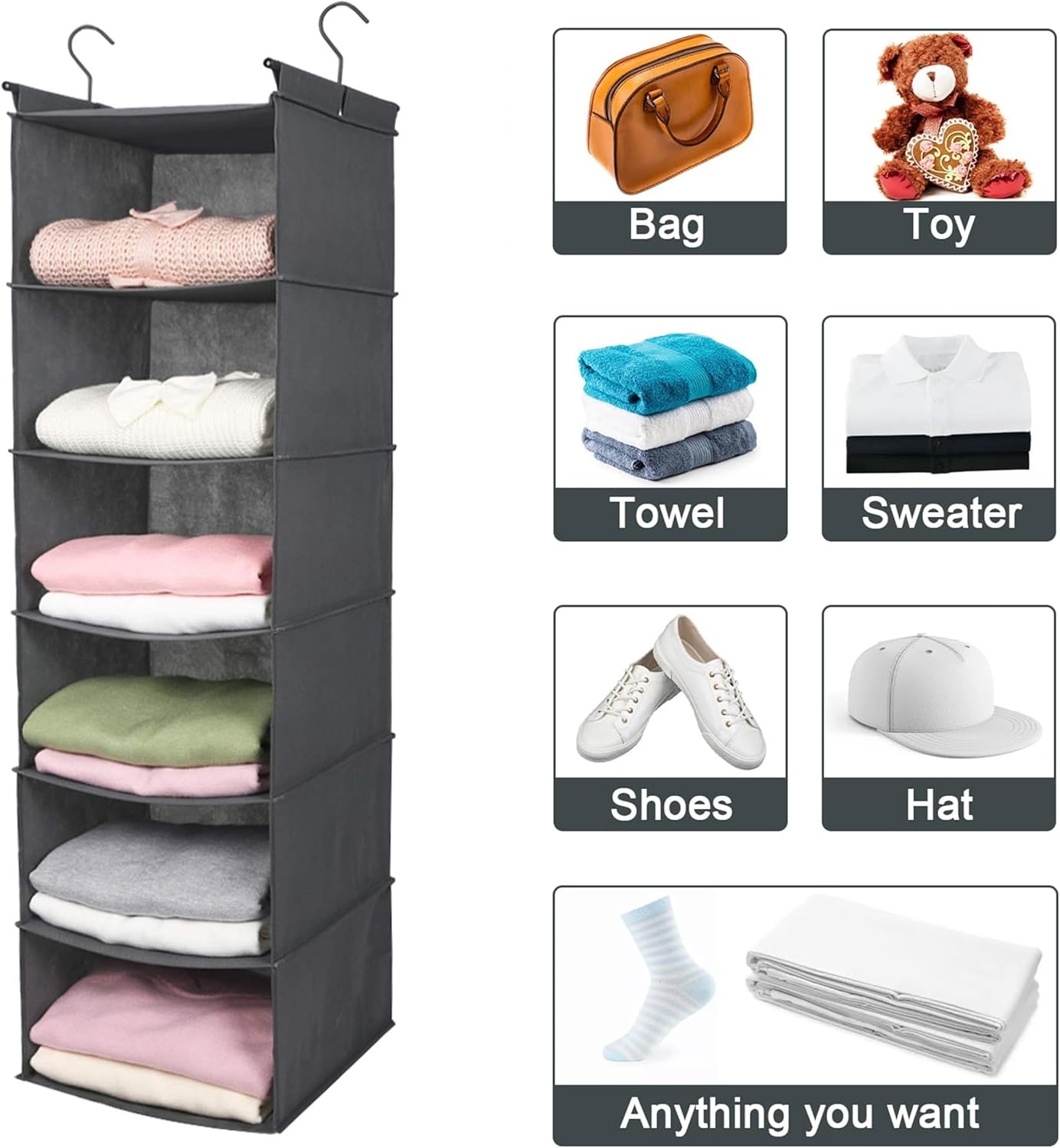 MAX Houser 6 Tier Shelf Hanging Closet Organizer, Closet Hanging Shelf with 2 Sturdy Hooks for Storage, Foldable (Grey) - Grand Goldman
